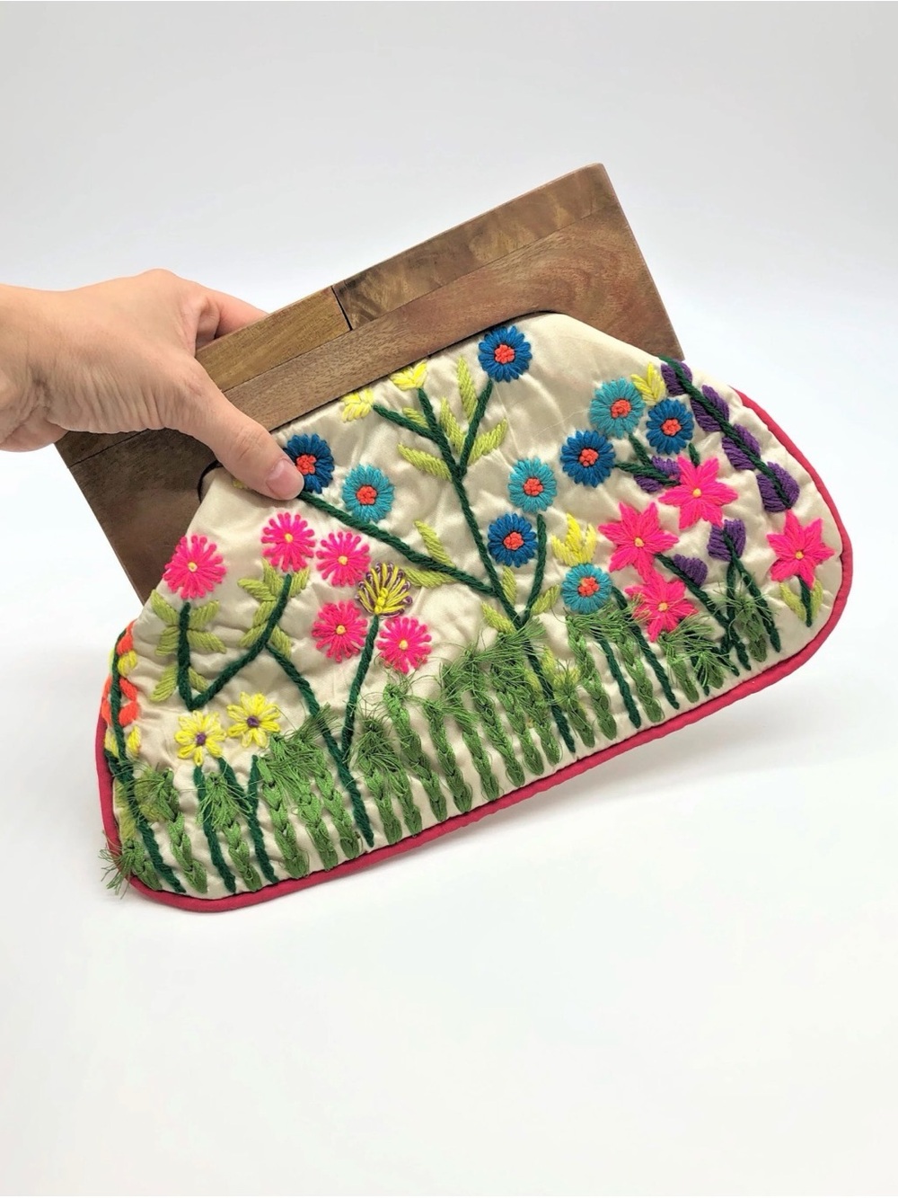 Embroidered Floral Clutch Wristlet in Cream and Multicolor